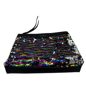 Victorias Secret Multicolor Sequin & Black Faux Leather Wristlet Clutch Bag